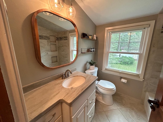 1324 Ridgeview Dr, Montevideo, MN 56265 - bathroom featuring lofted ceiling, toilet, vanity, and baseboards