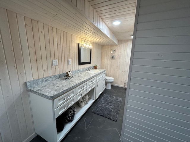 1324 Ridgeview Dr, Montevideo, MN 56265 - bathroom featuring wood ceiling, wooden walls, toilet, and vanity