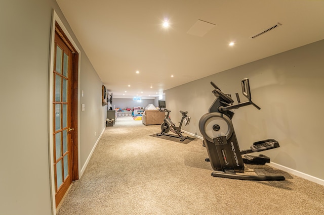 workout area with carpet flooring