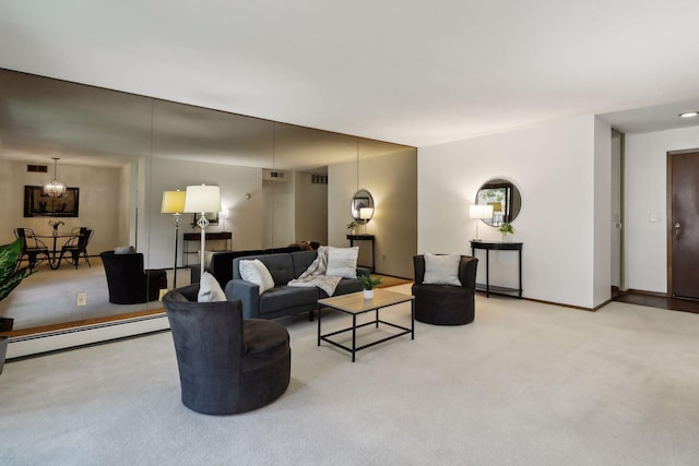 living room with light colored carpet and baseboard heating