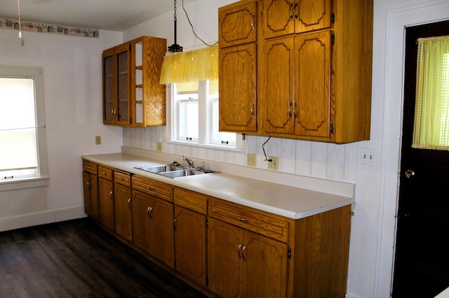 kitchen with dark hardwood / wood-style flooring, hanging light fixtures, and sink