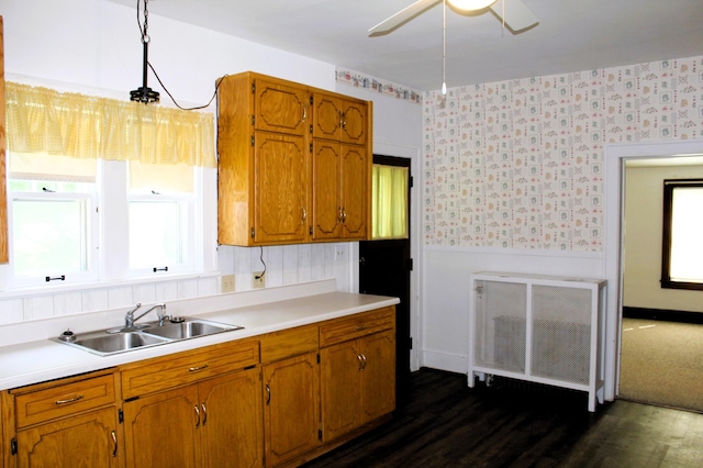 kitchen featuring radiator heating unit, ceiling fan, sink, and dark wood-type flooring