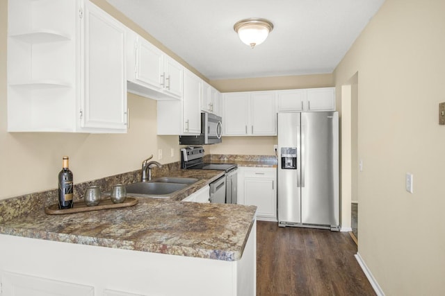 kitchen featuring stainless steel appliances, dark hardwood / wood-style flooring, white cabinetry, sink, and kitchen peninsula