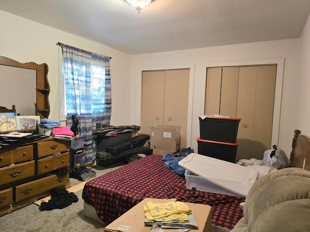 carpeted bedroom with two closets