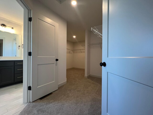 walk in closet with light carpet