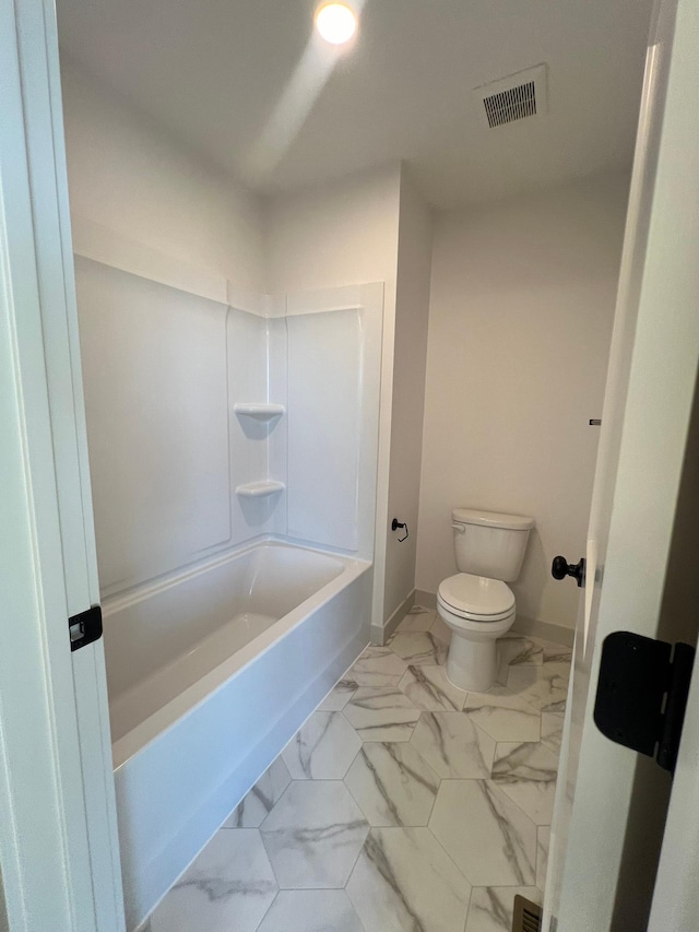 full bathroom with toilet, baseboards, visible vents, shower / washtub combination, and marble finish floor
