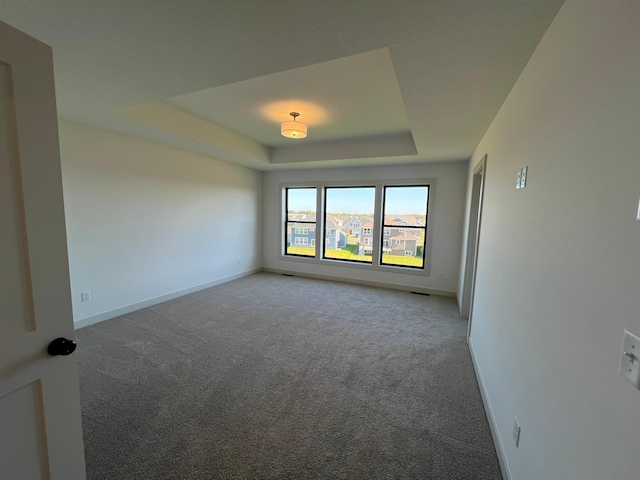 spare room featuring a raised ceiling, light carpet, and baseboards