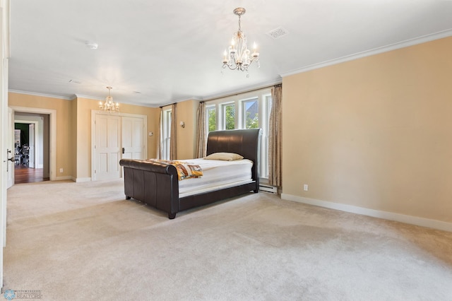 bedroom with crown molding, light carpet, and a chandelier