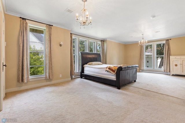 bedroom featuring light colored carpet and an inviting chandelier