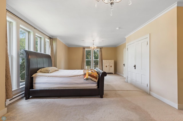 bedroom featuring a chandelier, baseboard heating, ornamental molding, a closet, and light colored carpet