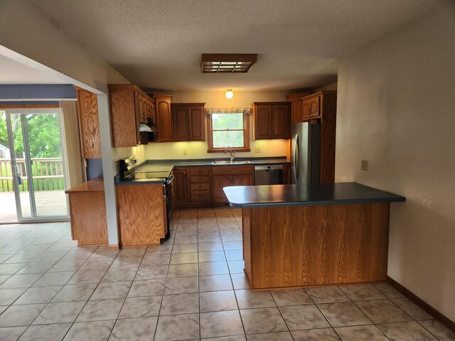 kitchen with stainless steel appliances, kitchen peninsula, a wealth of natural light, and sink