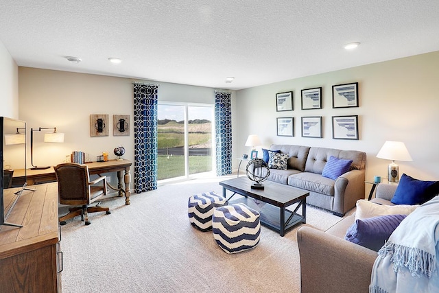 living room featuring light colored carpet and a textured ceiling