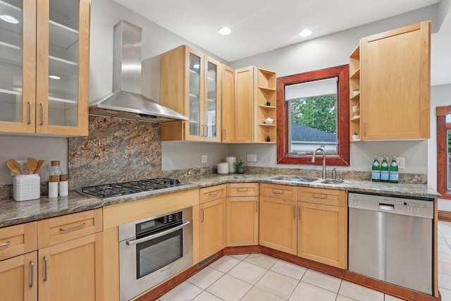 2410 Irving Ave S, Minneapolis, MN 55405 - kitchen featuring stainless steel appliances, wall chimney range hood, a sink, open shelves, and recessed lighting