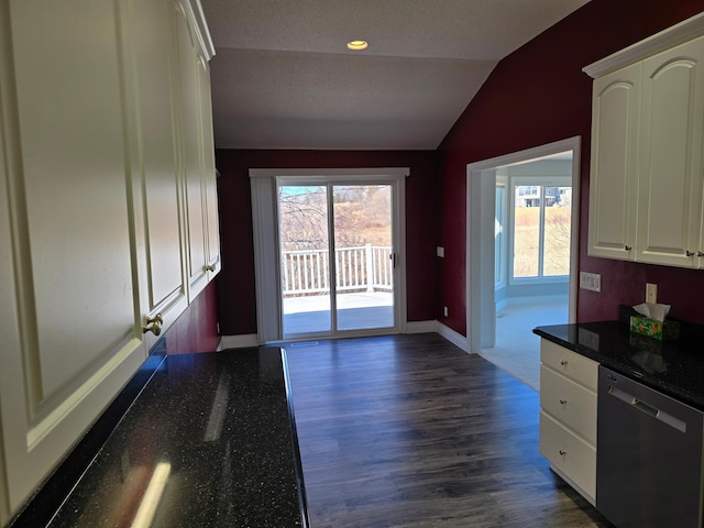 doorway featuring lofted ceiling, dark wood-type flooring, a wealth of natural light, and baseboards