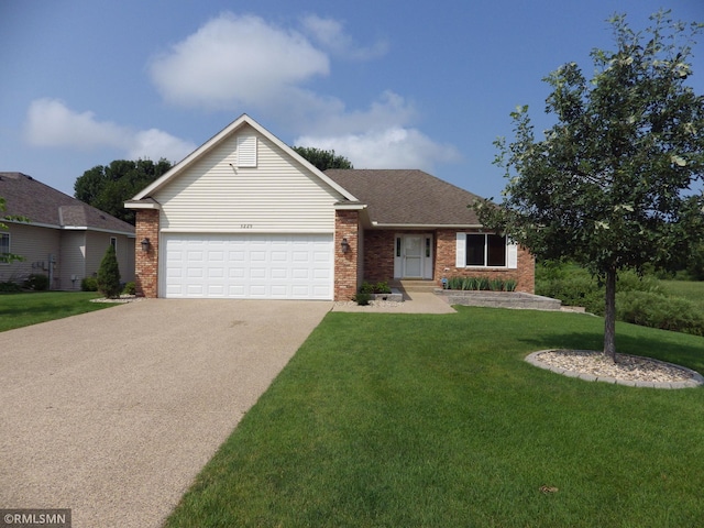 ranch-style home with a garage, brick siding, a shingled roof, concrete driveway, and a front lawn