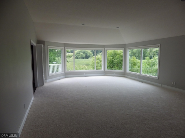 carpeted spare room with plenty of natural light, vaulted ceiling, and baseboards