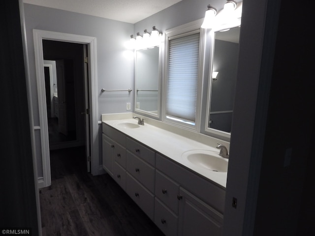 bathroom with double vanity, a sink, and wood finished floors