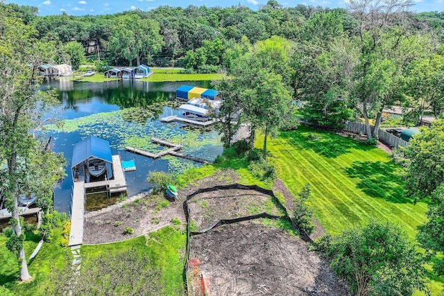 birds eye view of property featuring a water view