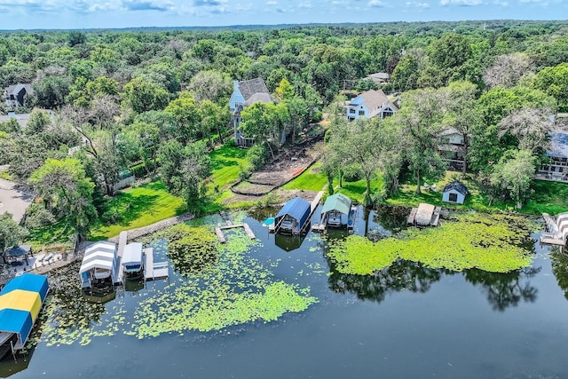 drone / aerial view featuring a forest view and a water view