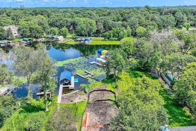 drone / aerial view featuring a water view and a wooded view