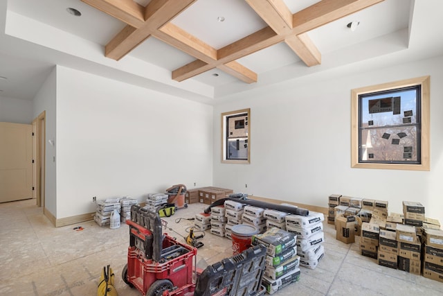 interior space featuring baseboards, coffered ceiling, and beam ceiling