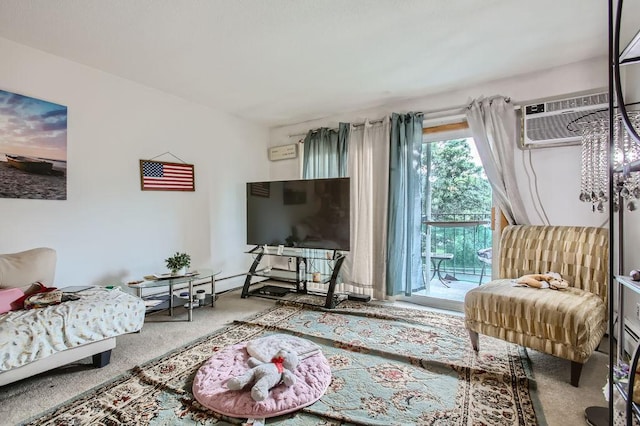 living area featuring light colored carpet and a wall unit AC