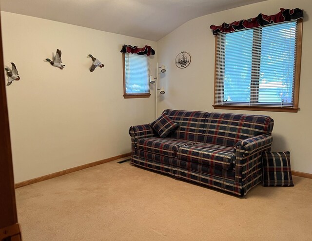 bedroom featuring vaulted ceiling and light carpet