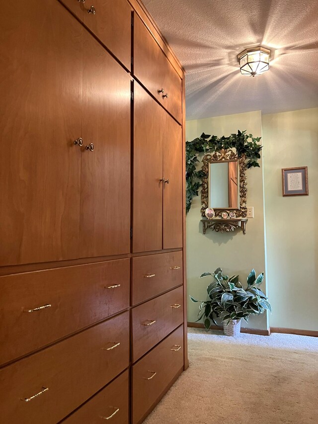 hallway featuring a textured ceiling and light colored carpet