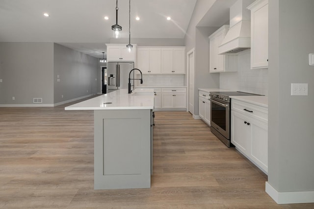 kitchen with white cabinetry, appliances with stainless steel finishes, custom range hood, and sink