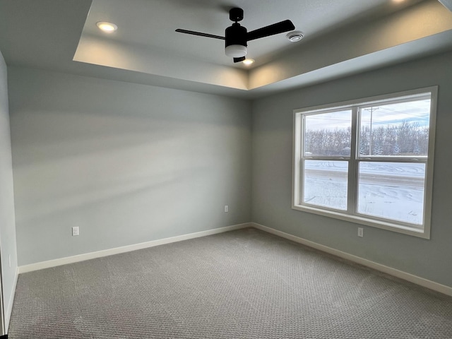 spare room featuring carpet flooring, a raised ceiling, and ceiling fan