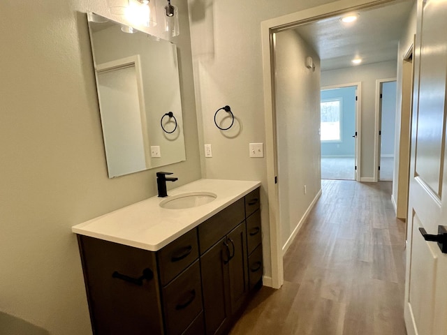 bathroom with hardwood / wood-style flooring and vanity