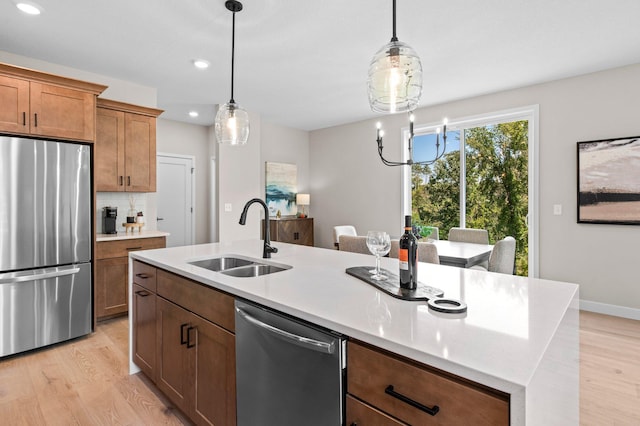 kitchen with pendant lighting, an island with sink, stainless steel appliances, and sink