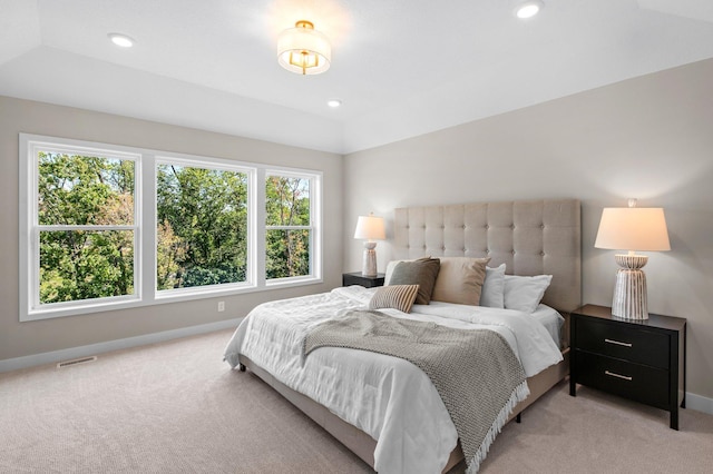 carpeted bedroom featuring lofted ceiling