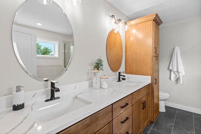 bathroom with vanity, toilet, and walk in shower