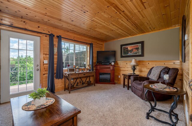 living room with wood walls, carpet, wood ceiling, and a wealth of natural light