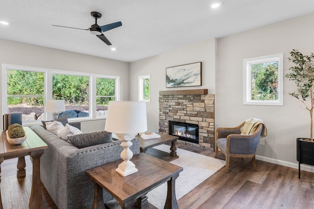 living room with a healthy amount of sunlight, ceiling fan, a stone fireplace, and dark hardwood / wood-style flooring