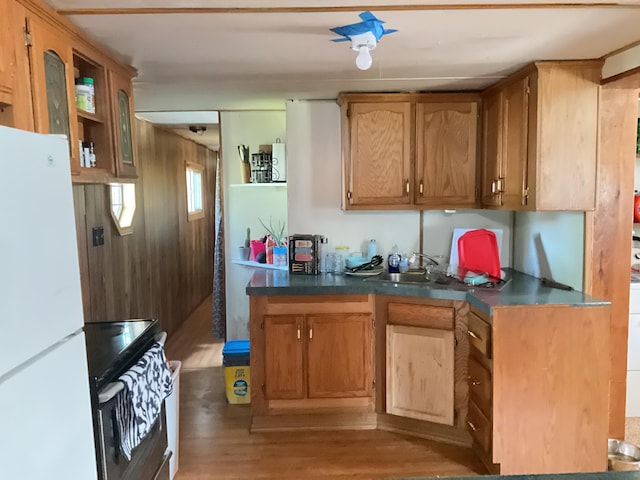 kitchen with white refrigerator, sink, dark hardwood / wood-style flooring, and range