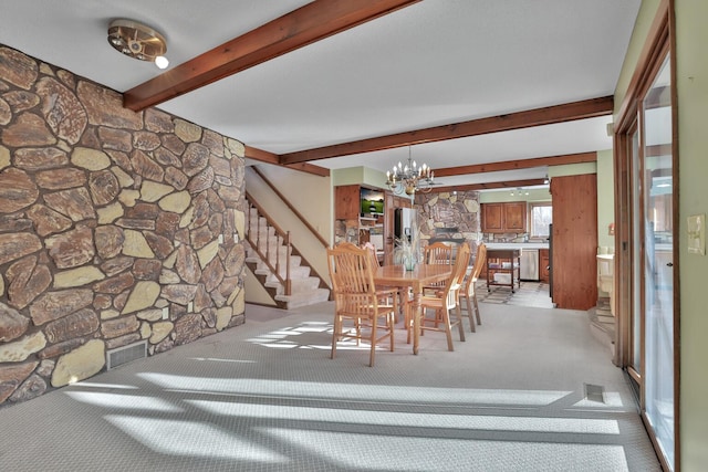10834 178th Cir NW, Elk River, MN 55330 - carpeted dining room featuring a chandelier, stairs, and beamed ceiling