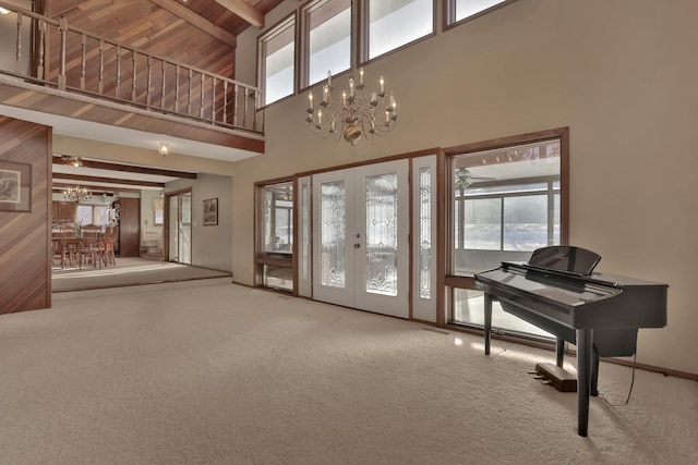 10834 178th Cir NW, Elk River, MN 55330 - entryway featuring a chandelier, a towering ceiling, french doors, carpet flooring, and beam ceiling
