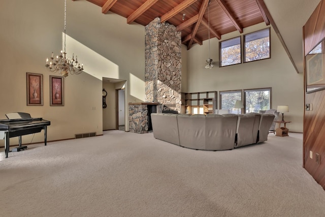 10834 178th Cir NW, Elk River, MN 55330 - living area featuring wooden ceiling with exposed beams, high vaulted ceiling, carpet, and a chandelier