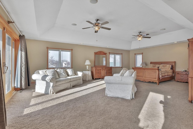 10834 178th Cir NW, Elk River, MN 55330 - living room featuring a tray ceiling, carpet floors, and ceiling fan
