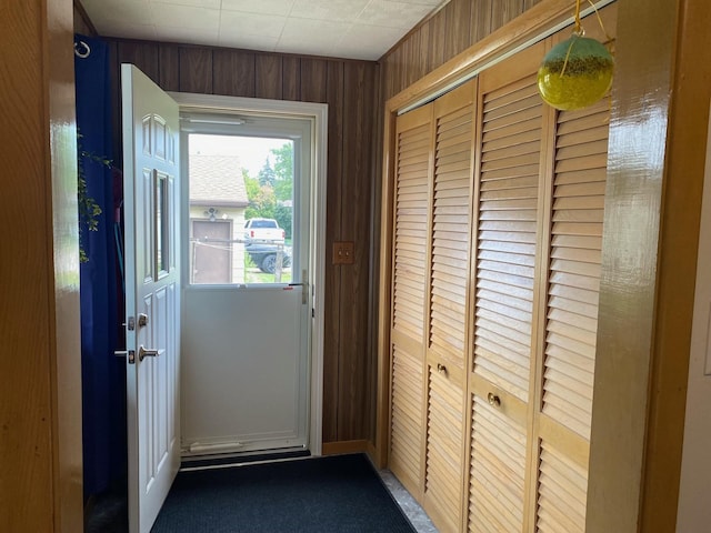 doorway to outside featuring wood walls and dark carpet