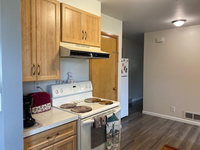 kitchen with dark hardwood / wood-style floors and white appliances