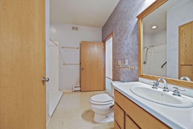 full bathroom featuring visible vents, toilet, vanity, a baseboard heating unit, and a shower