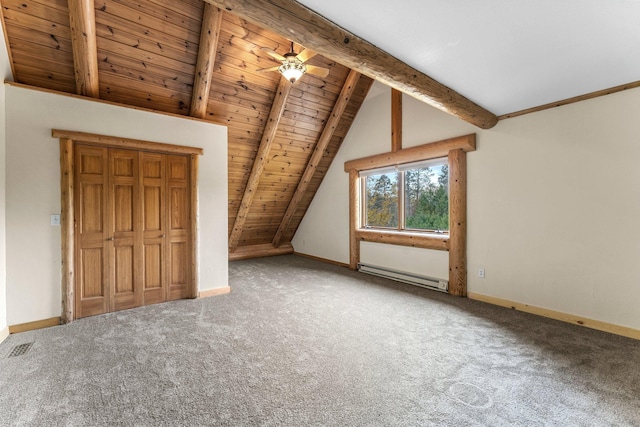 additional living space with wood ceiling, a baseboard heating unit, ceiling fan, carpet flooring, and lofted ceiling with beams