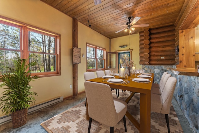 dining room featuring ceiling fan, a baseboard heating unit, rustic walls, and wood ceiling