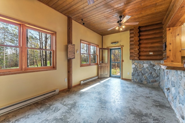 interior space featuring ceiling fan, a baseboard radiator, log walls, and wood ceiling