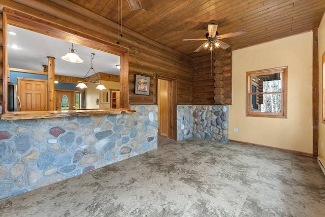 kitchen with wood ceiling, stainless steel fridge, ceiling fan, decorative light fixtures, and rustic walls