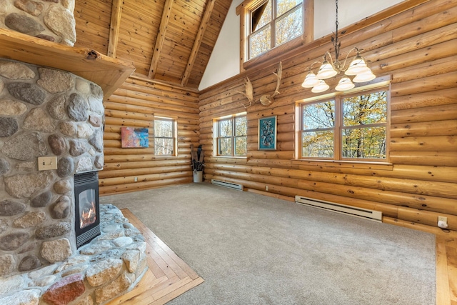 unfurnished living room with carpet, beam ceiling, a baseboard radiator, high vaulted ceiling, and wooden ceiling