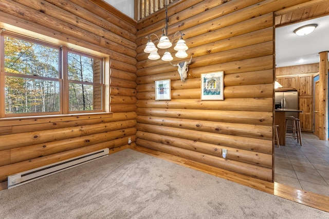 unfurnished room featuring rustic walls, light tile patterned floors, and a baseboard radiator